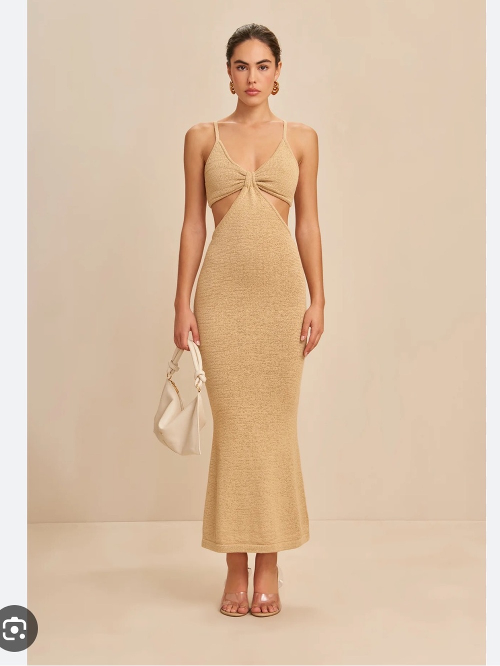Twist-Front Cutout Maxi Dress in Beige